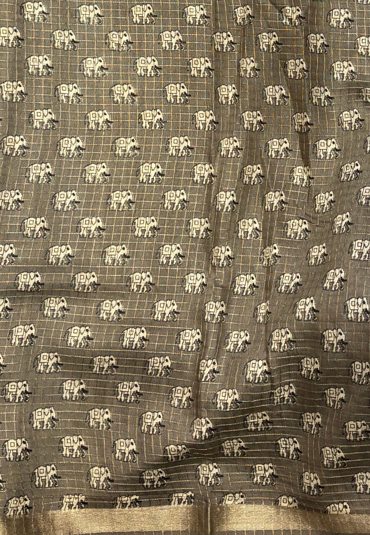 Chanderi Saree-Greyish Blue in Elephant Checks Border