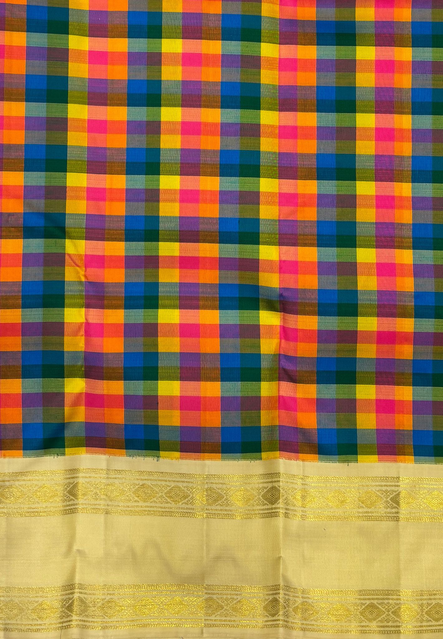 Pure Kanchipuram Silk Saree-Multi Color in Diamond Geometric Zari with Contrast Border
