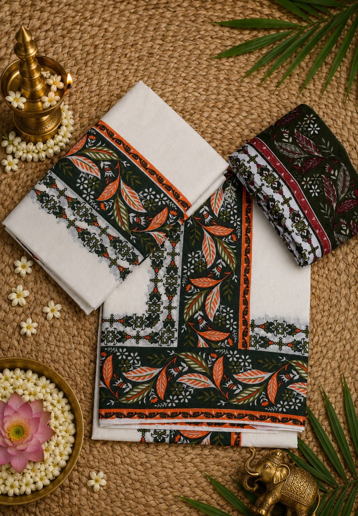 Cotton Set Mund-Off White - Green with Leaf Border