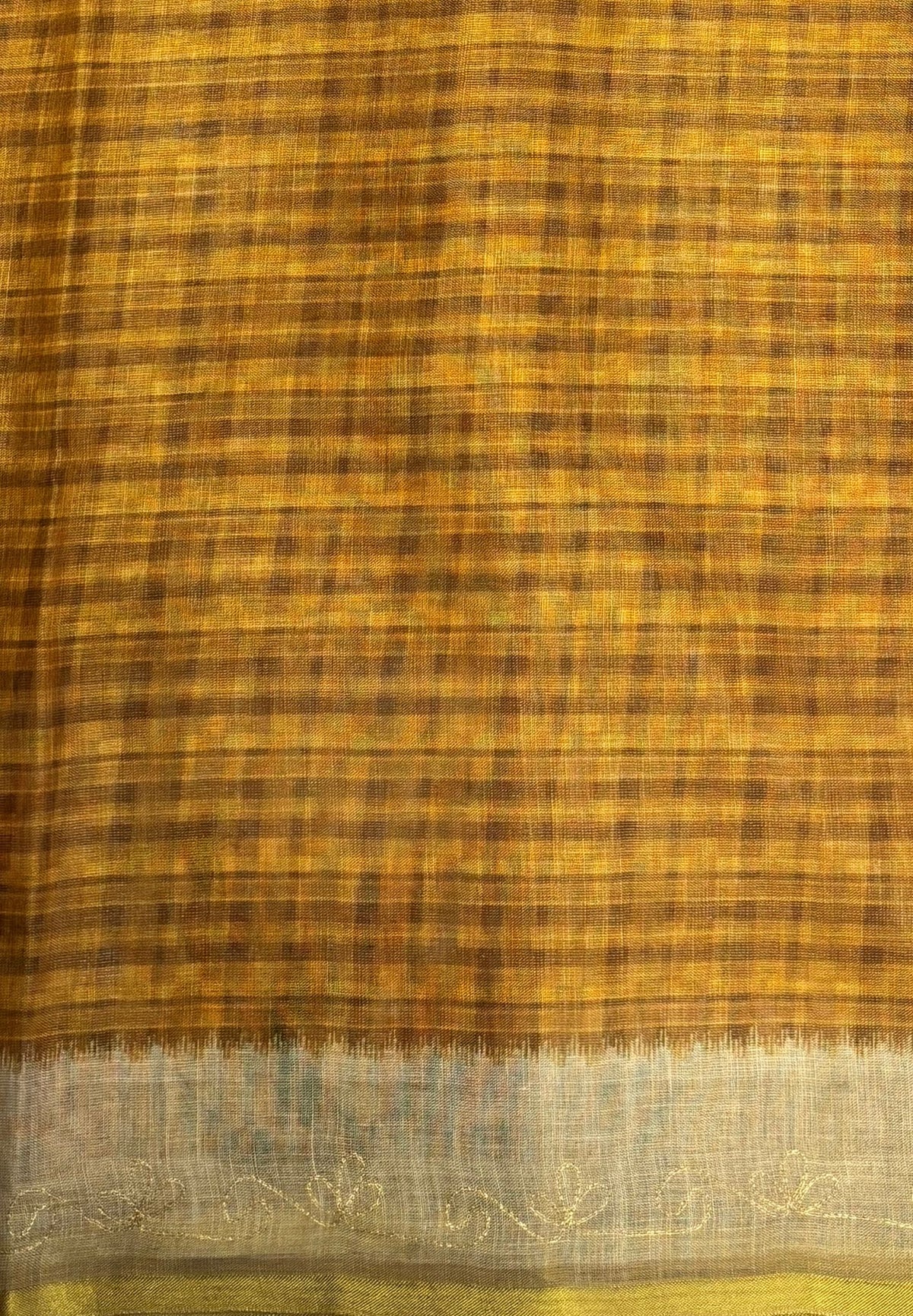 Tissue Linen Saree-Mustard in Traditional Folk Art Printed Border