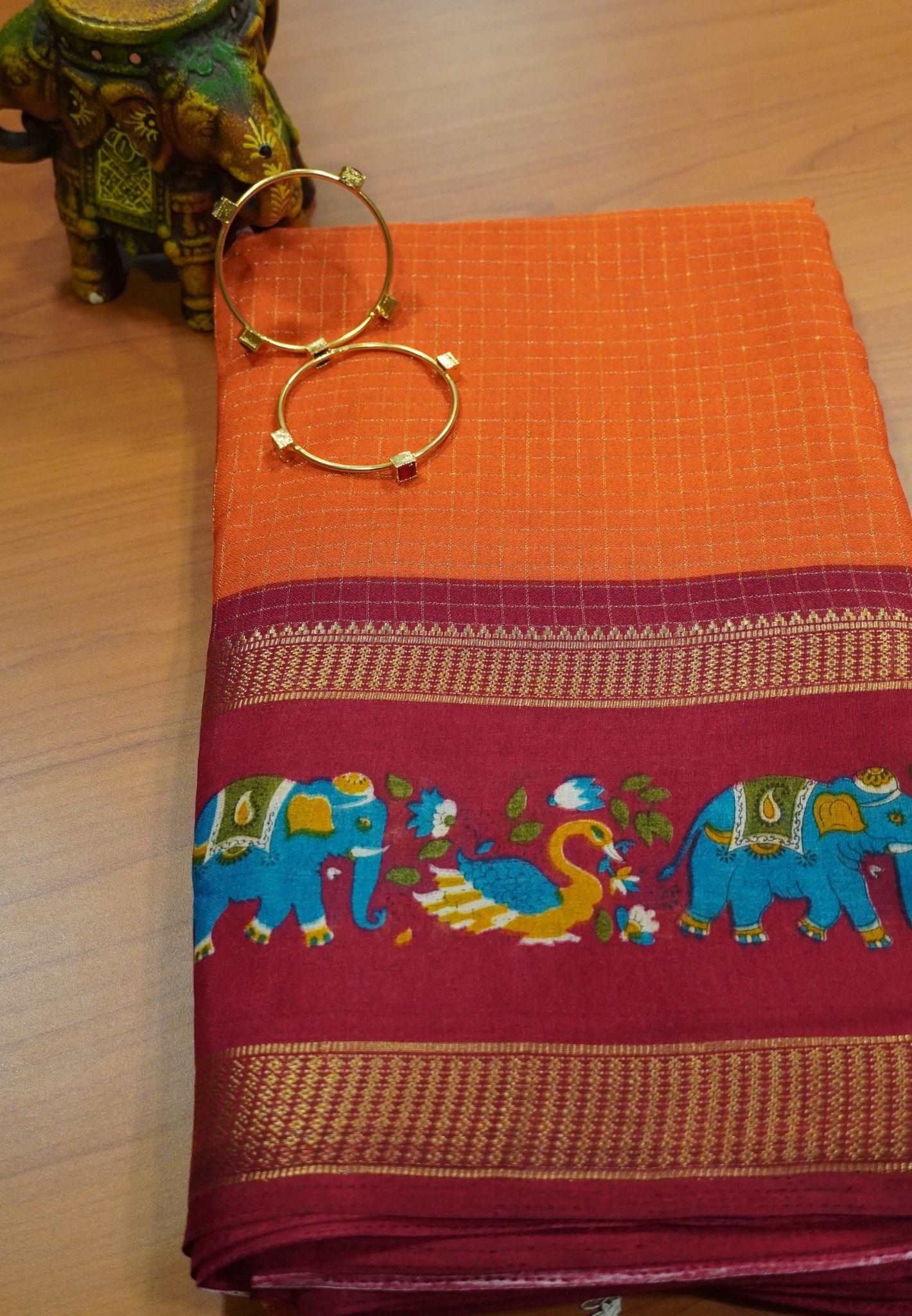 Chiffon Saree - Checks Orange - Maroon