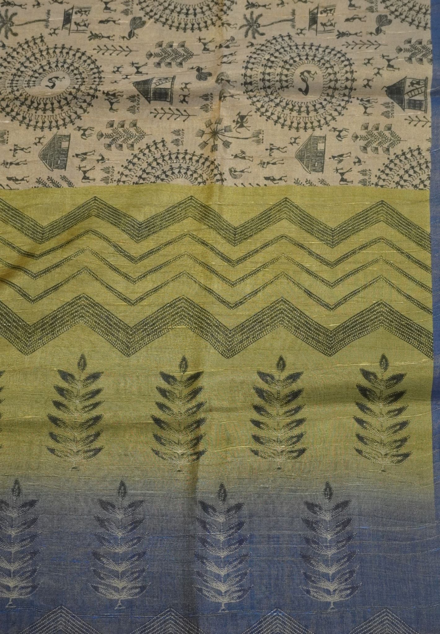 Semi Tissue Silk Beige-Blue with Warli Print