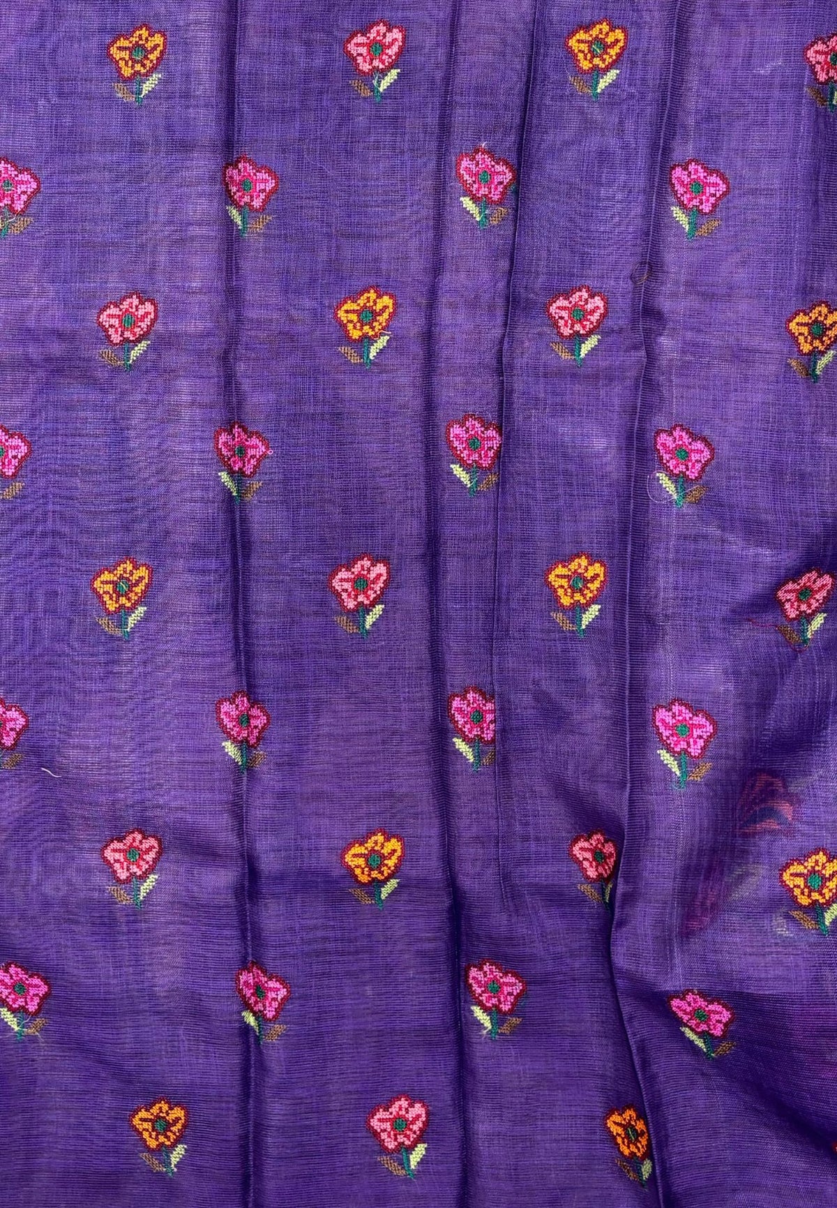 Tissue Linen Saree-Purple In Cross Stitch Floral Border
