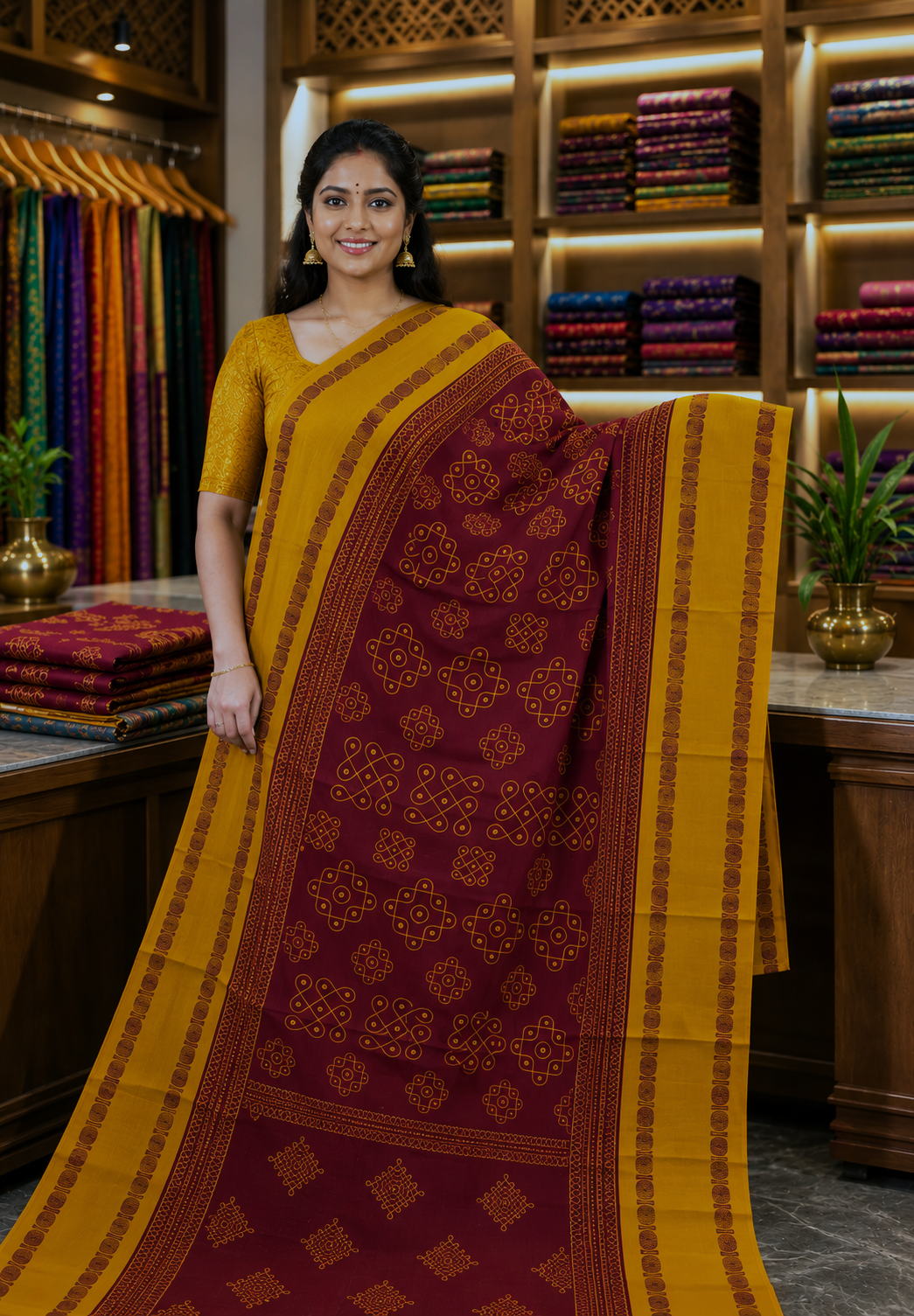 Sungudi Cotton Saree-Arakku with Contrast Retapet Border in Kolam Pattern