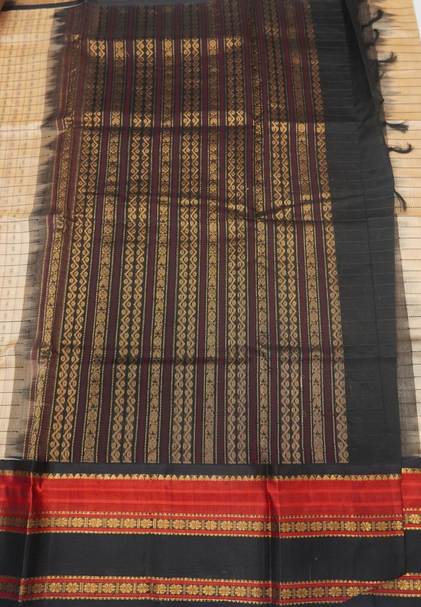 Pure Silk Cotton Saree-Sandal in Checkered Pattern with Contrast Gap Border