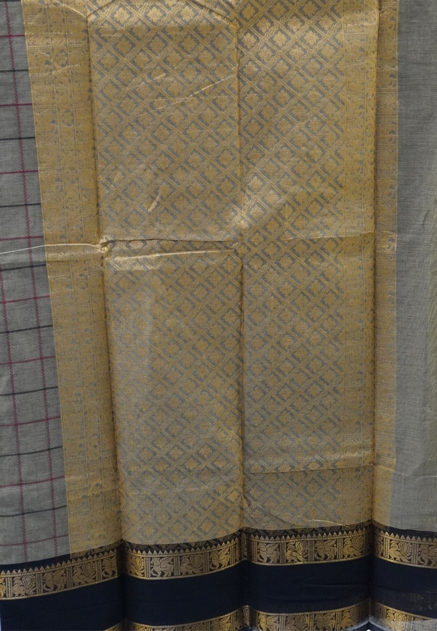 Chettinad Cotton SareeāGrey With Thread Checks Annapakshi Zari Border