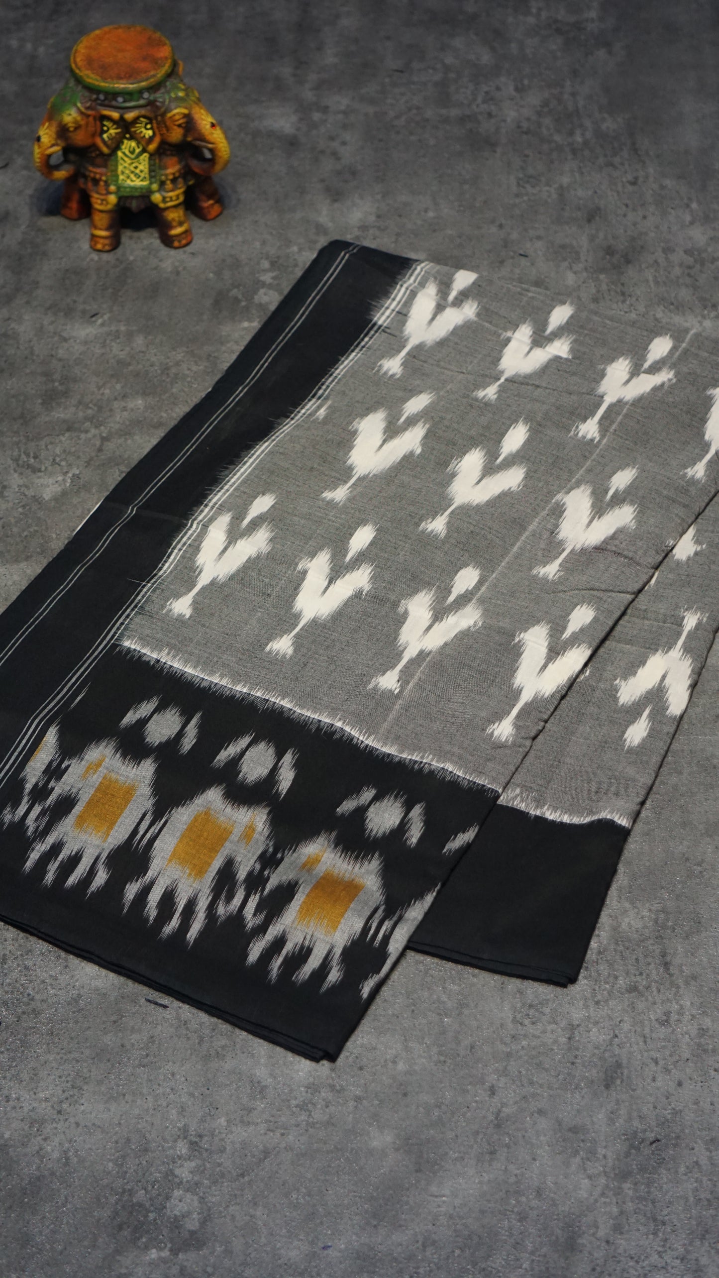 Pochampally Cotton double Ikkat Saree Grey - White