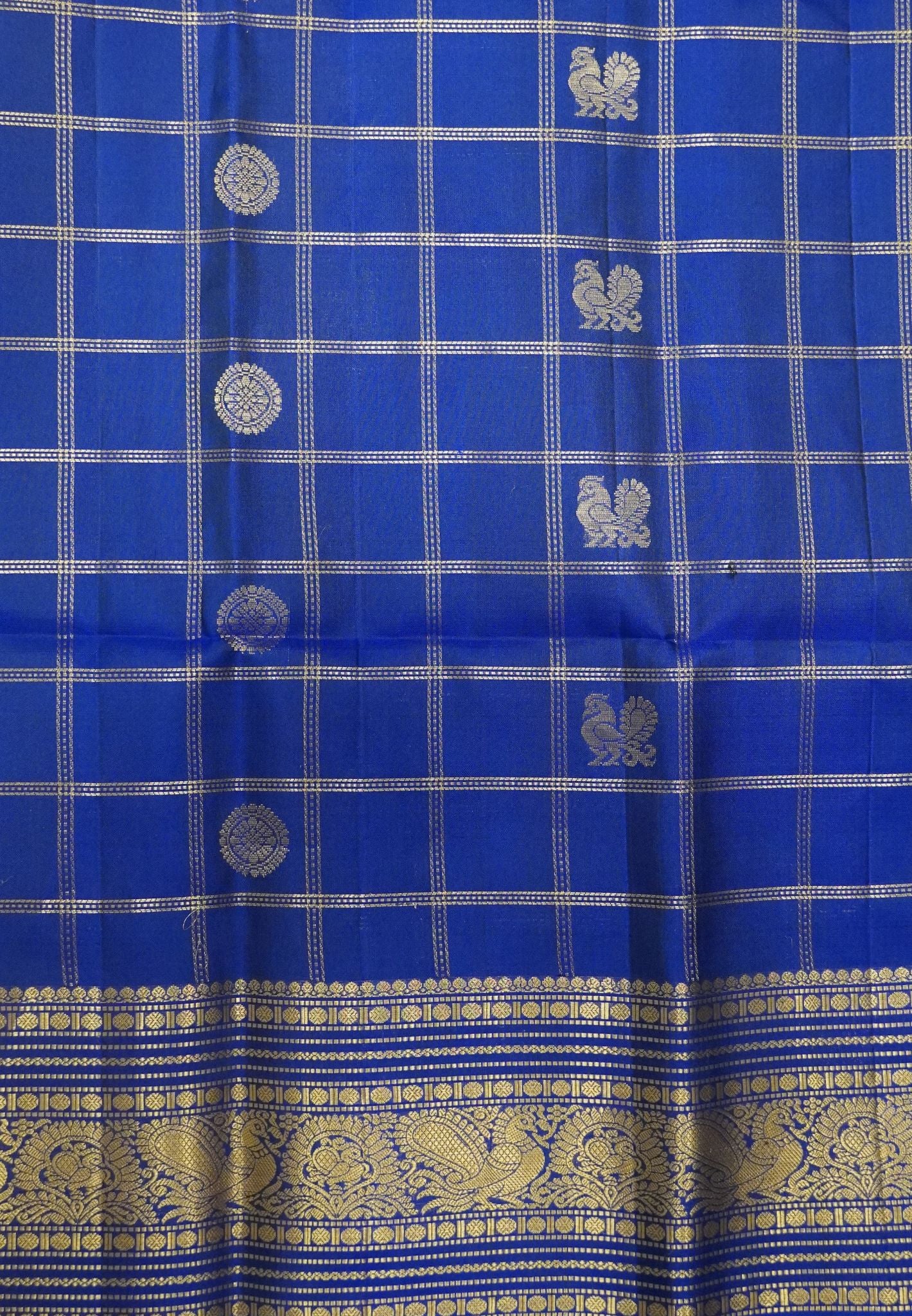 Pure Soft Silk Saree-Royal Blue with Zari Checks and Mayil Chakram Butta