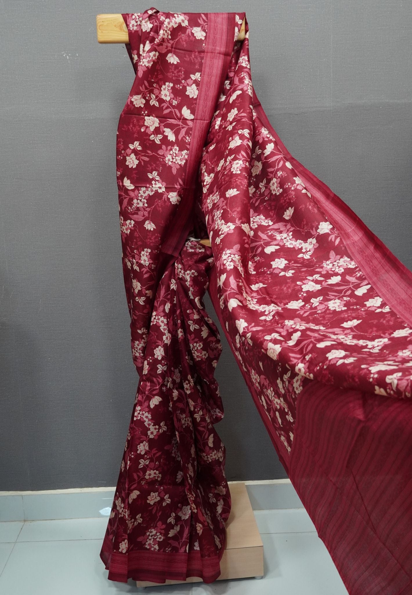 Pure Tussar Saree-Dark Pink with Floral Pattern
