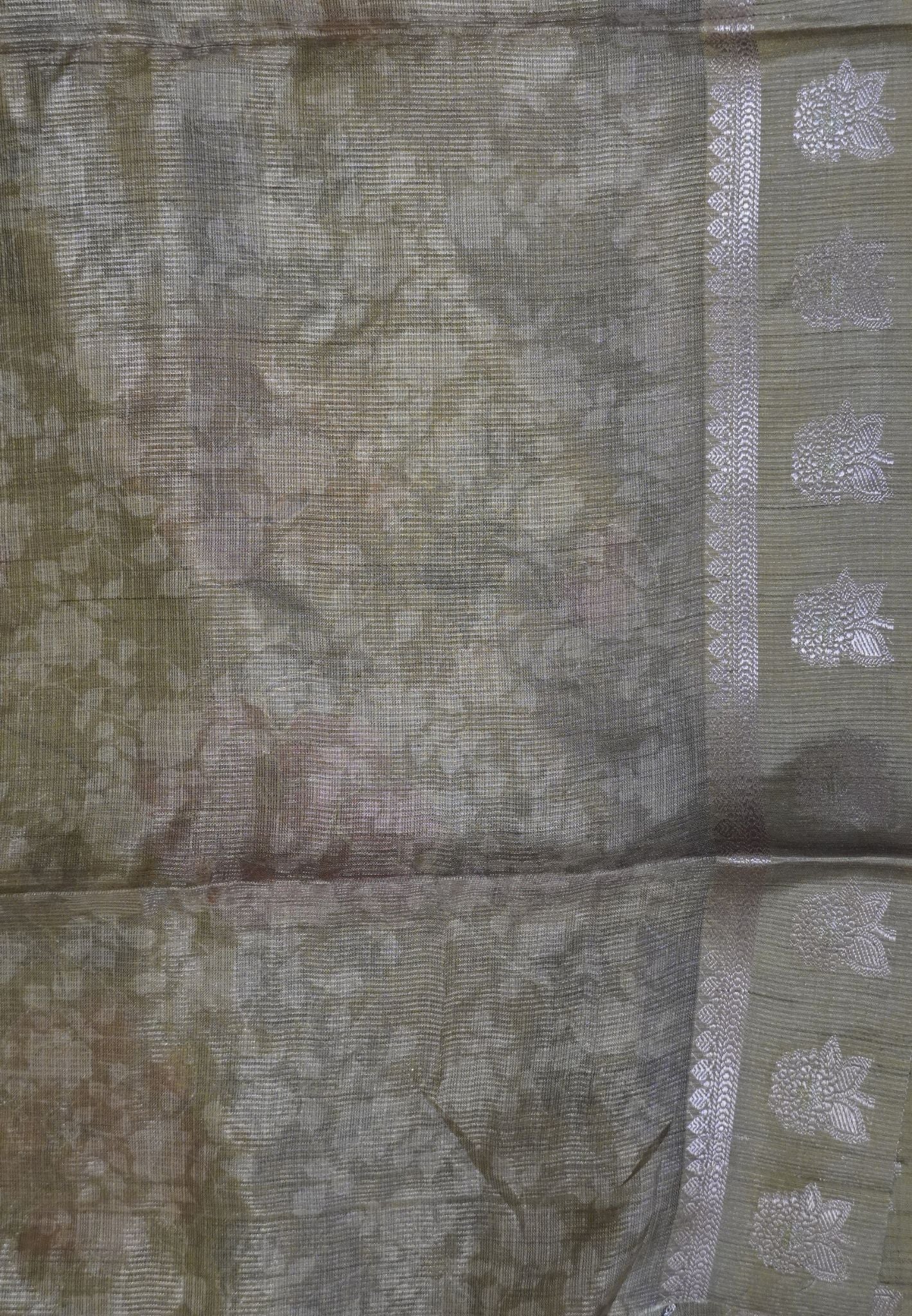 Tissue Linen Saree-Olive green with Floral Kutch Work