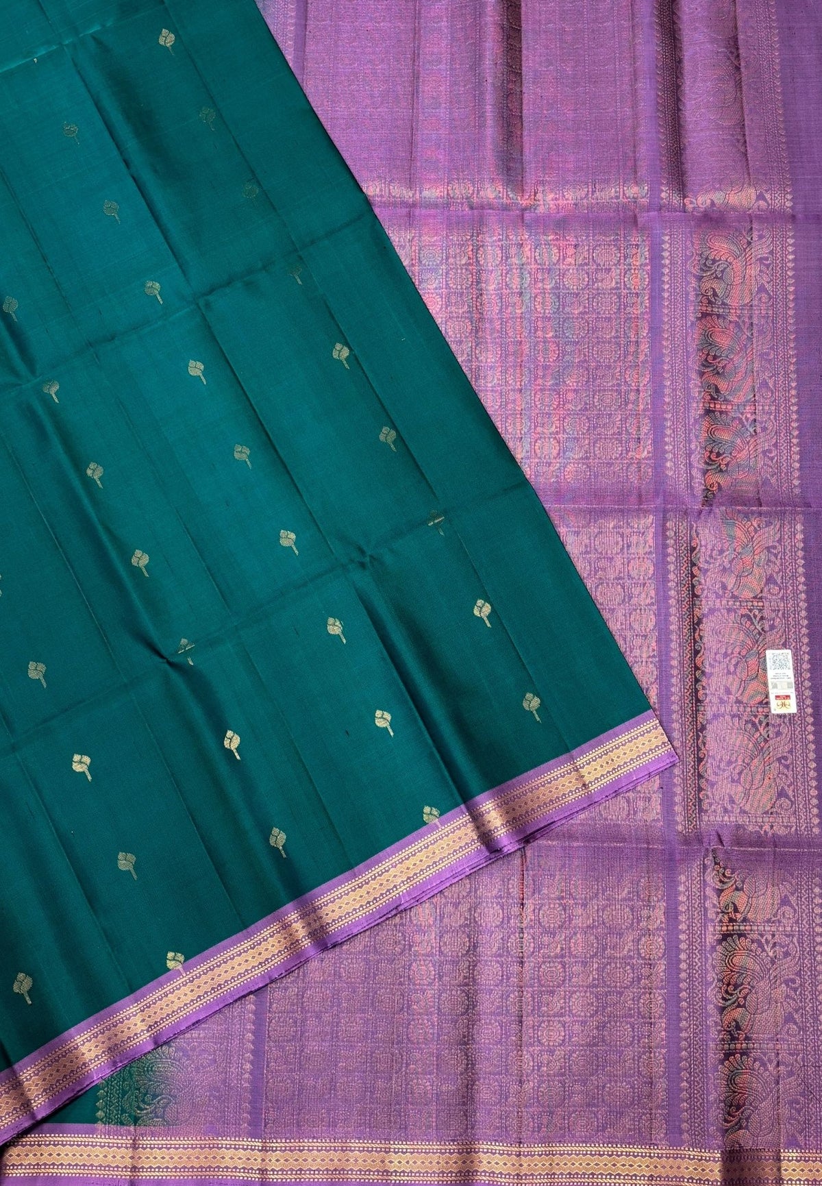 Pure Kanchipuram Silk Saree-Peacock Green in Traditional Floral Vine Zari Border