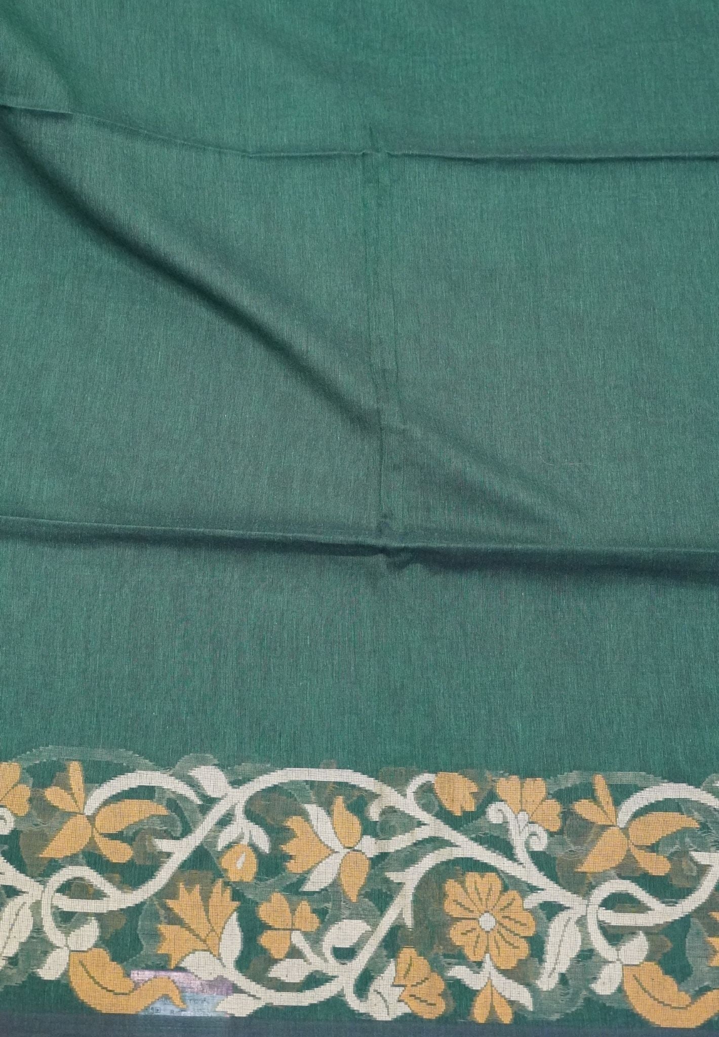 Handloom Cotton Saree-Green Floral Jamdhani Border