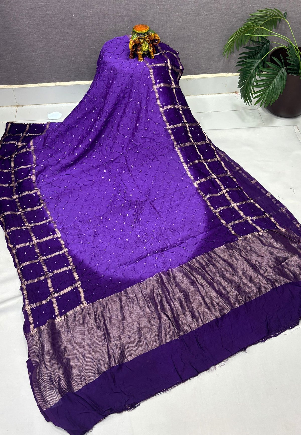 Banarasi Bandeji Saree-Violet in Zari Checks with Contrast Border