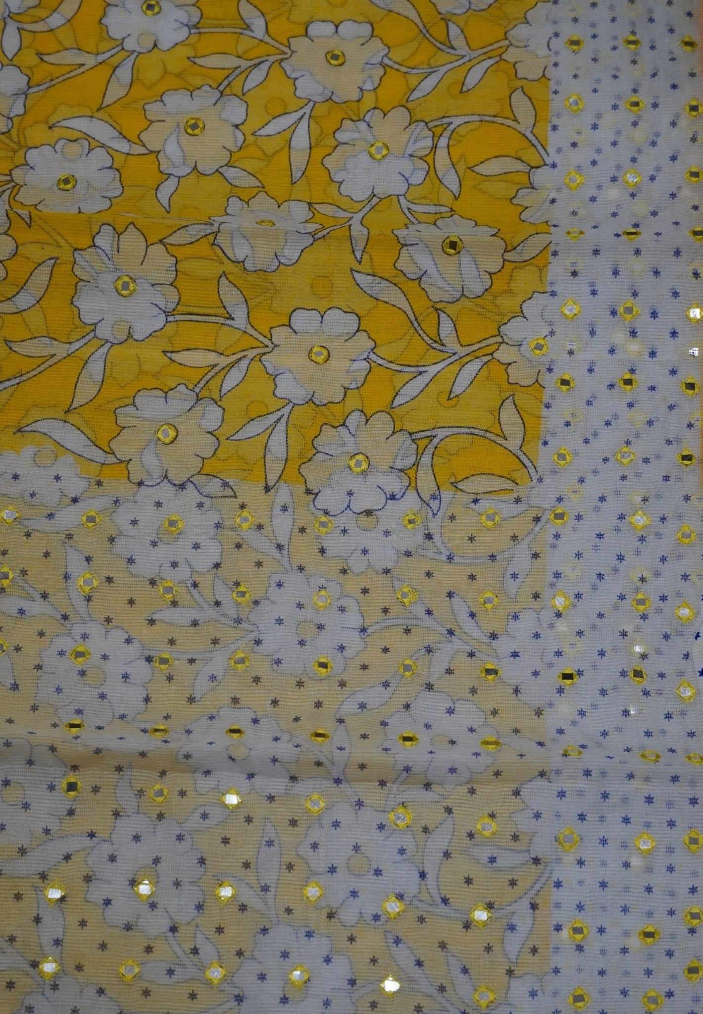 Supernet Kota Cotton Saree-Yellow with Mirror Work