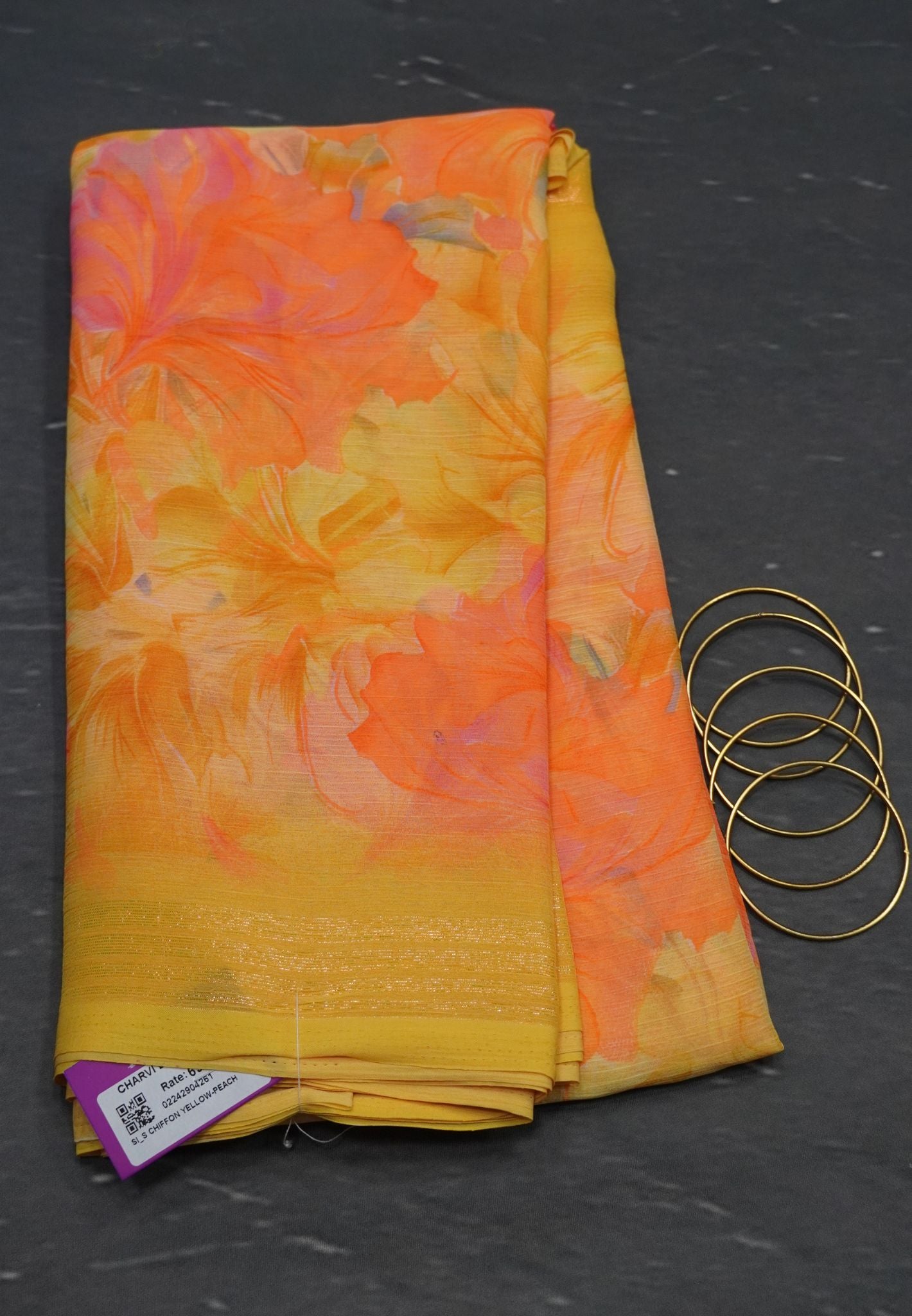 Chiffon Saree - Yellow - Peach