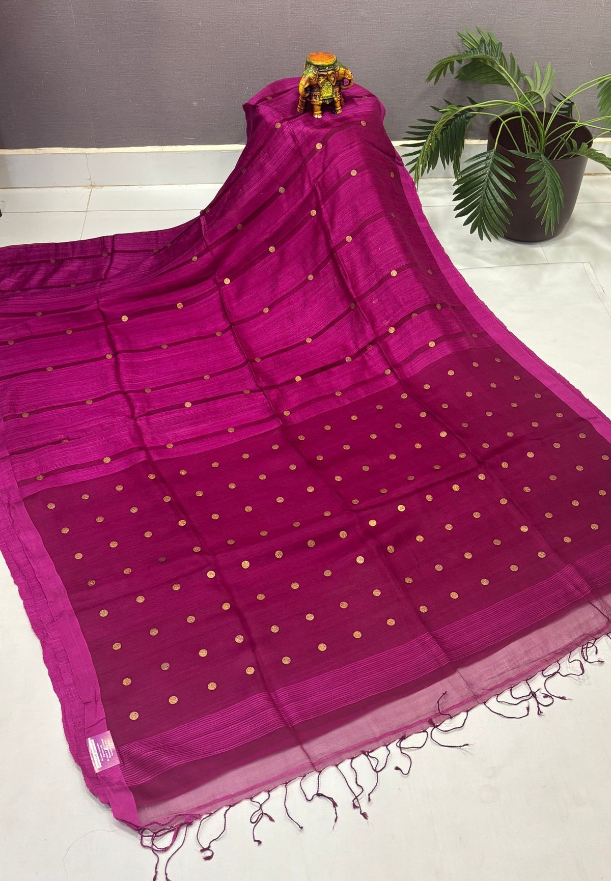 Pure Moonga Cotton Saree-Wine in Coin Butta with Striped Border