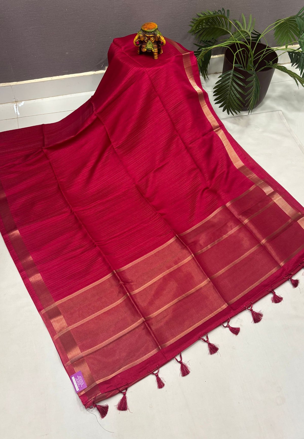 Matka Tussar Saree-Elegant Handwoven Saree with Berry Pink in Fine Zari Stripes