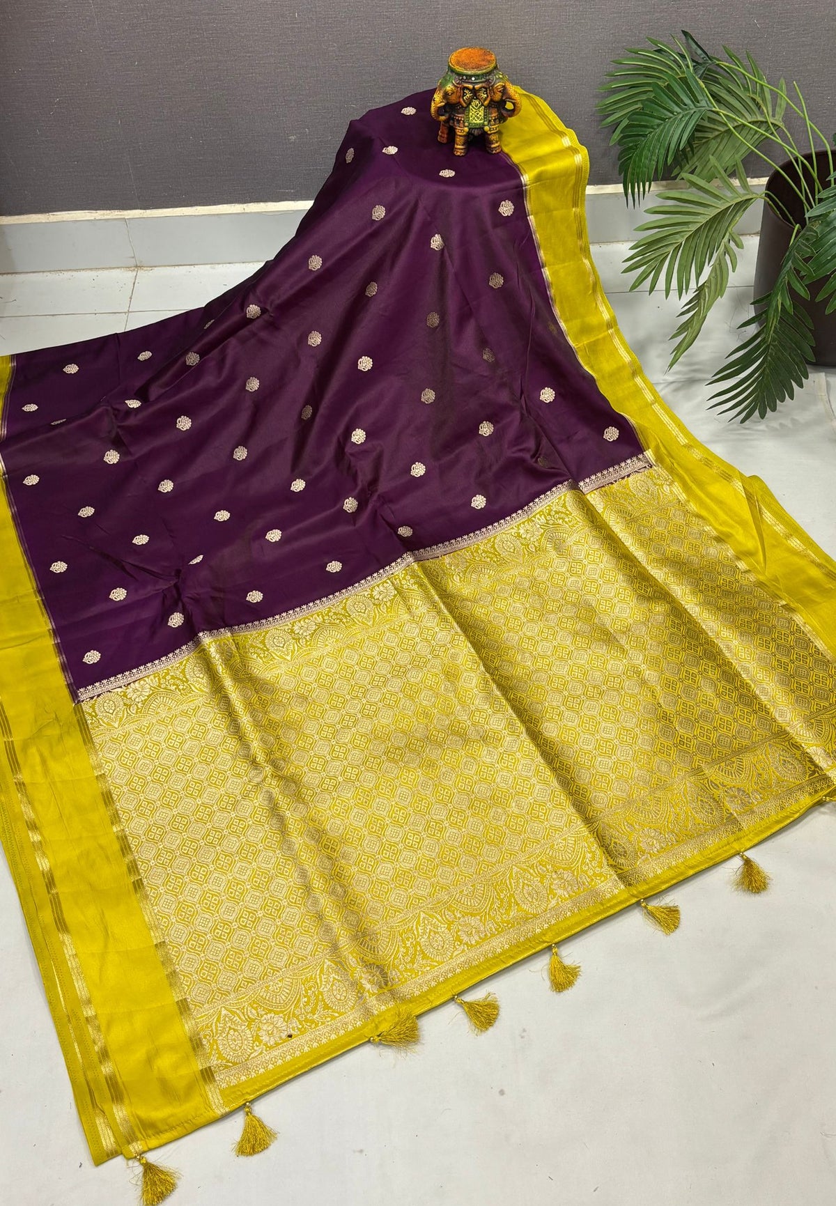 Gaji Silk Saree-Dark Purple in Butta Retpet Zari with Contrast Border