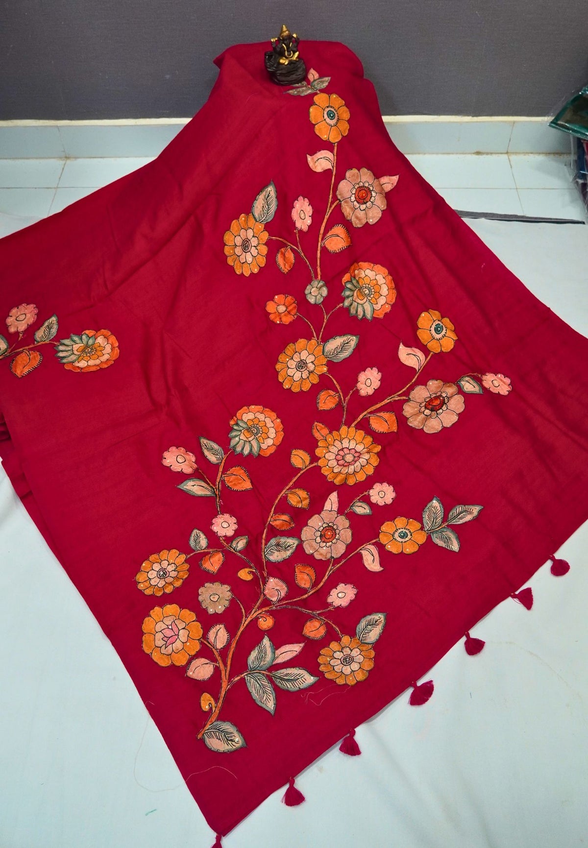 Semi Raw Silk Saree - Redish Pink With Floral Hand-Painted Designs