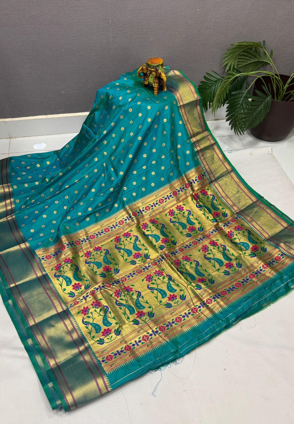 Traditional Peacock Floral Brocade Border - Sea Green
