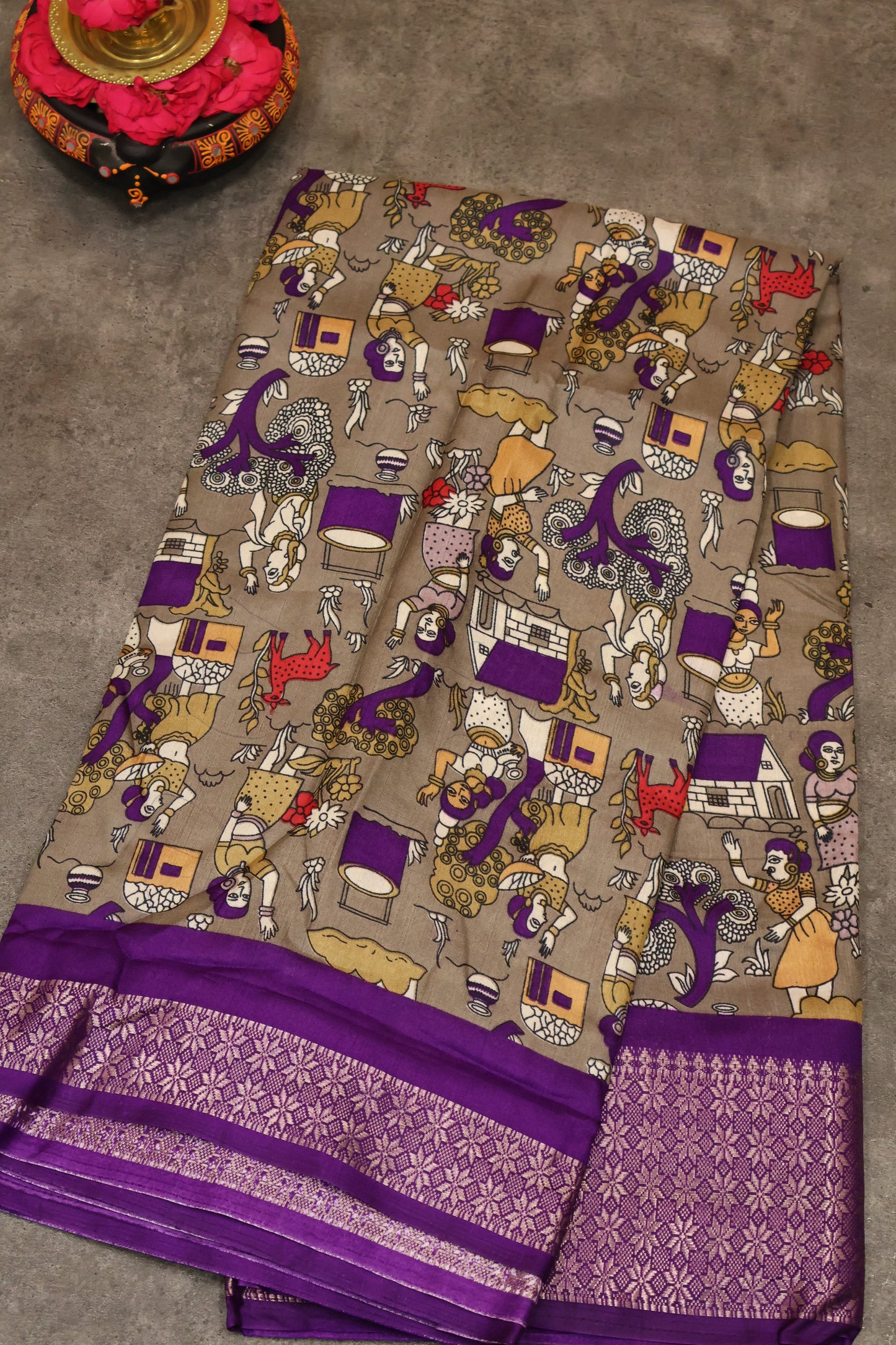 Dola Silk Saree Folk Art Print-Grey