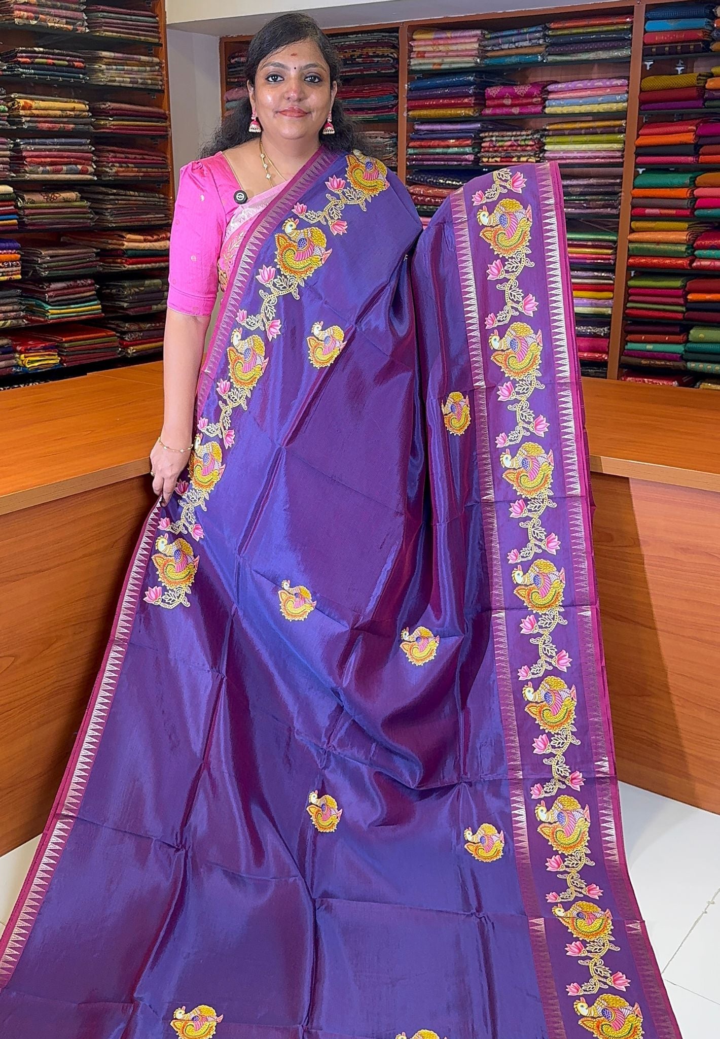 Pure Mangalgiri Silk Saree-Purple in Thanjur Print with Retapet Border