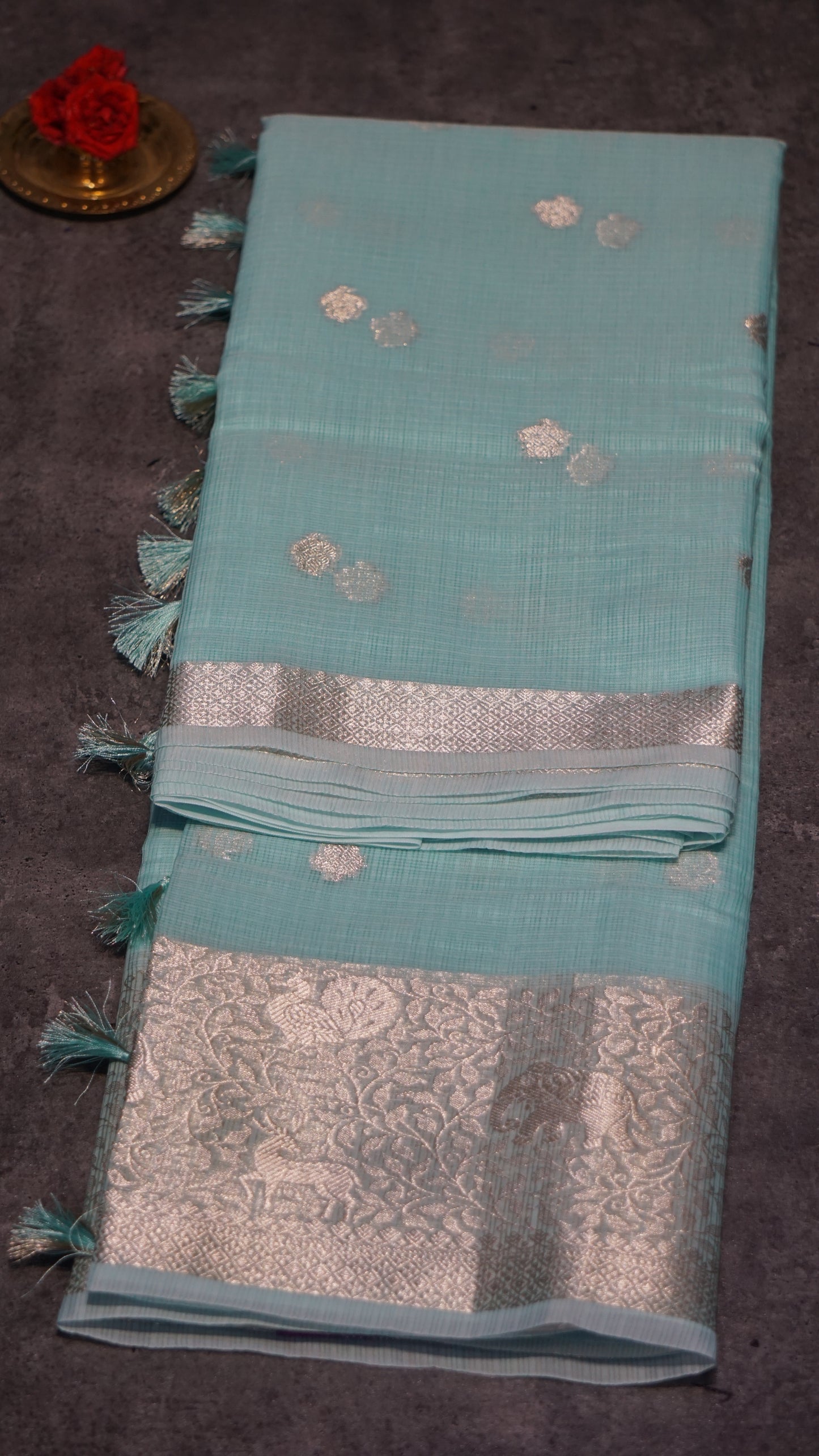 Art Zari Kota Pastel Saree Teal Green