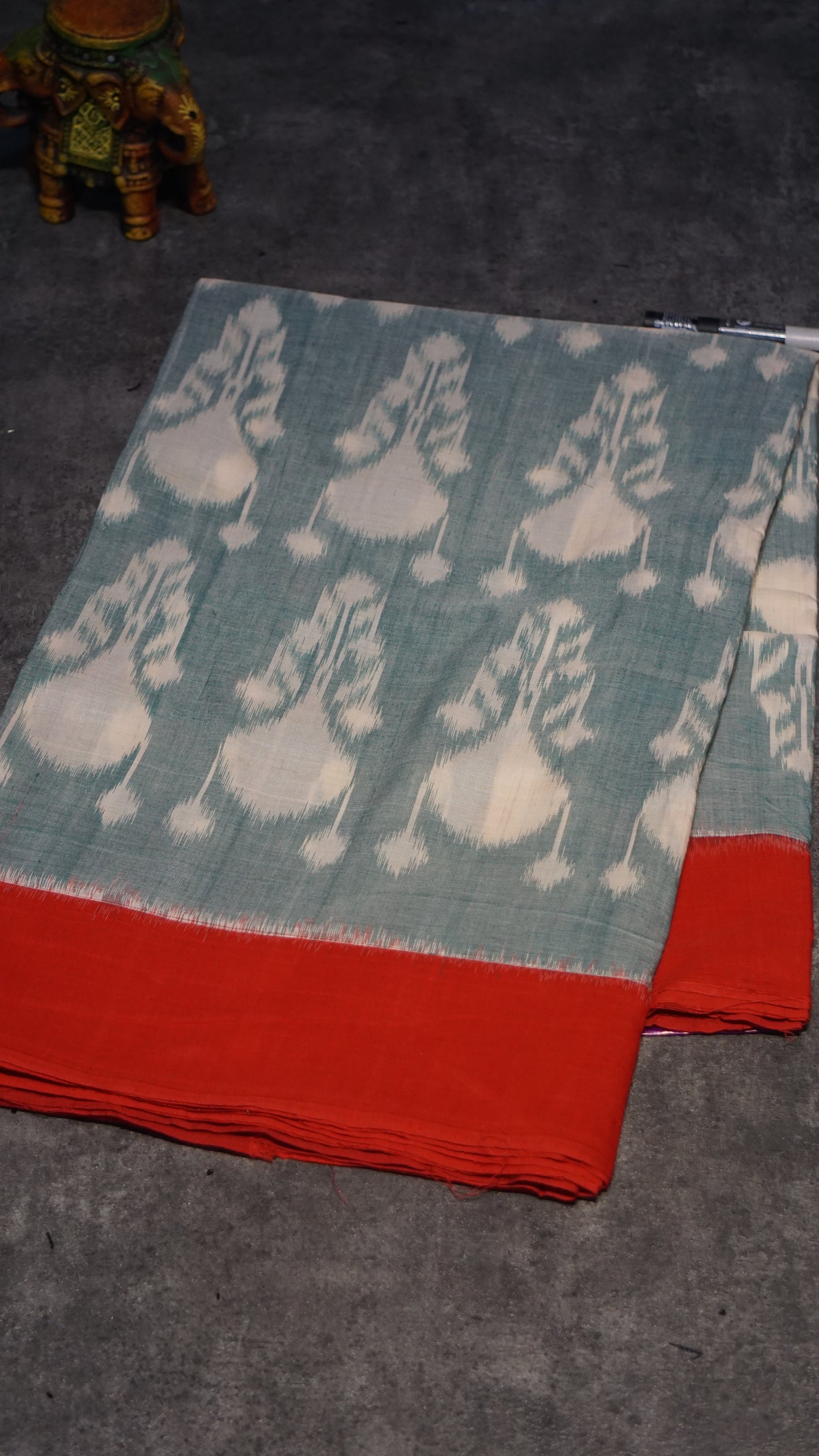 Pochampally Cotton double Ikkat Saree Light Teal Green - Red