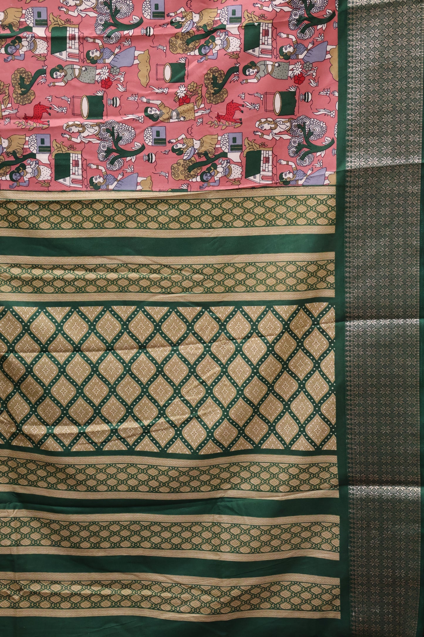 Dola Silk Saree Folk Art Print-Pink