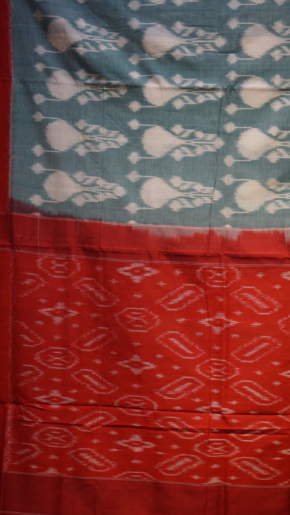 Pochampally Cotton double Ikkat Saree Light Teal Green - Red