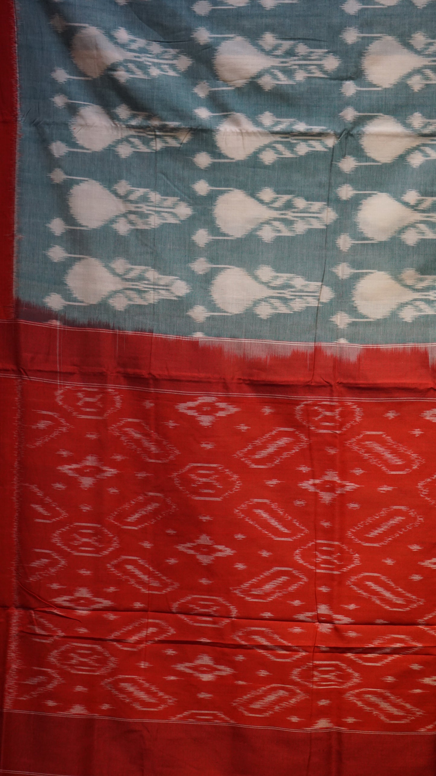 Pochampally Cotton double Ikkat Saree Light Teal Green - Red