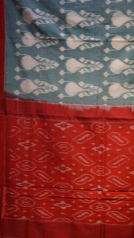 Pochampally Cotton double Ikkat Saree Light Teal Green - Red
