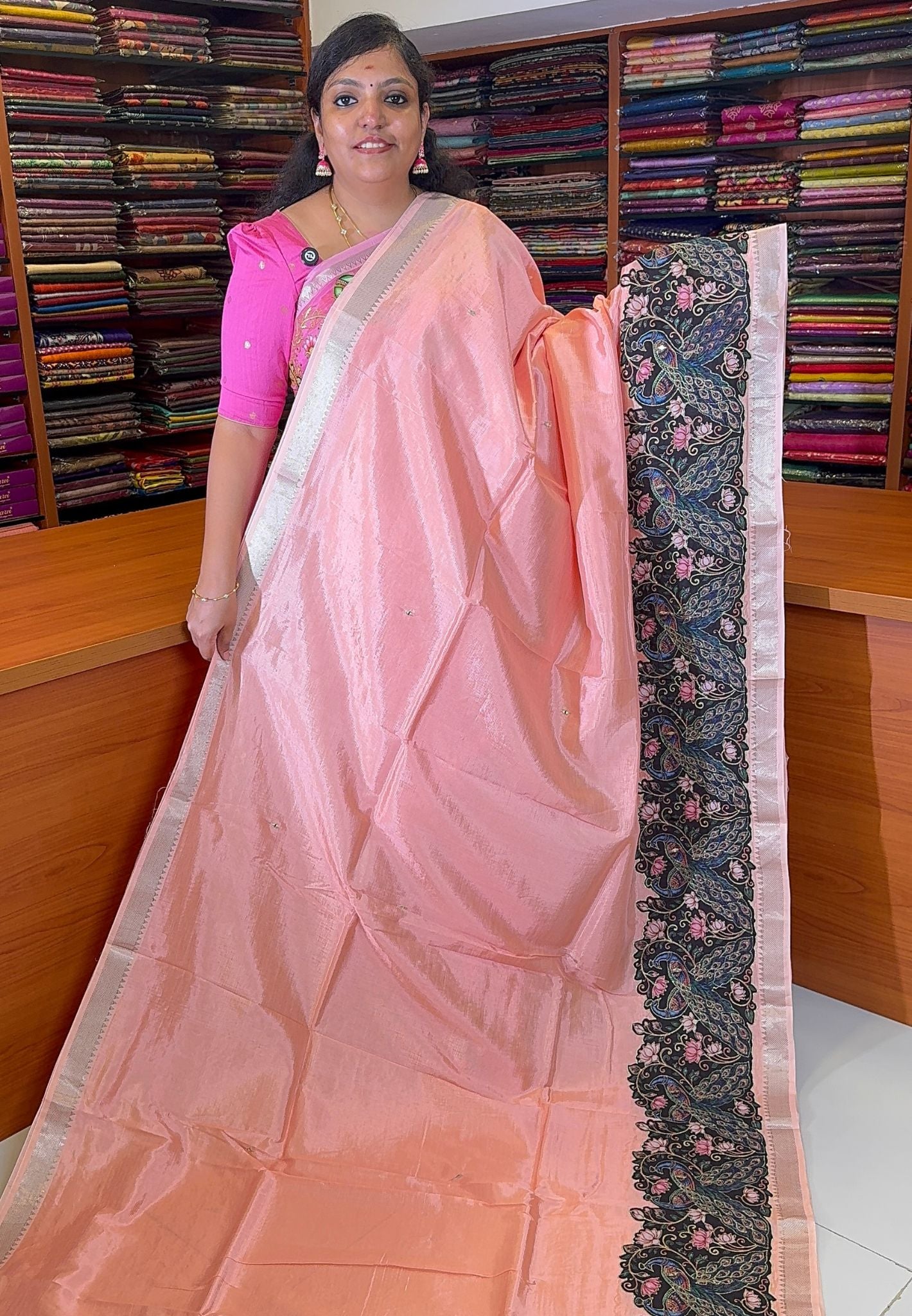 Pure Mangalgiri Silk Saree-Peach with Appliqué Work