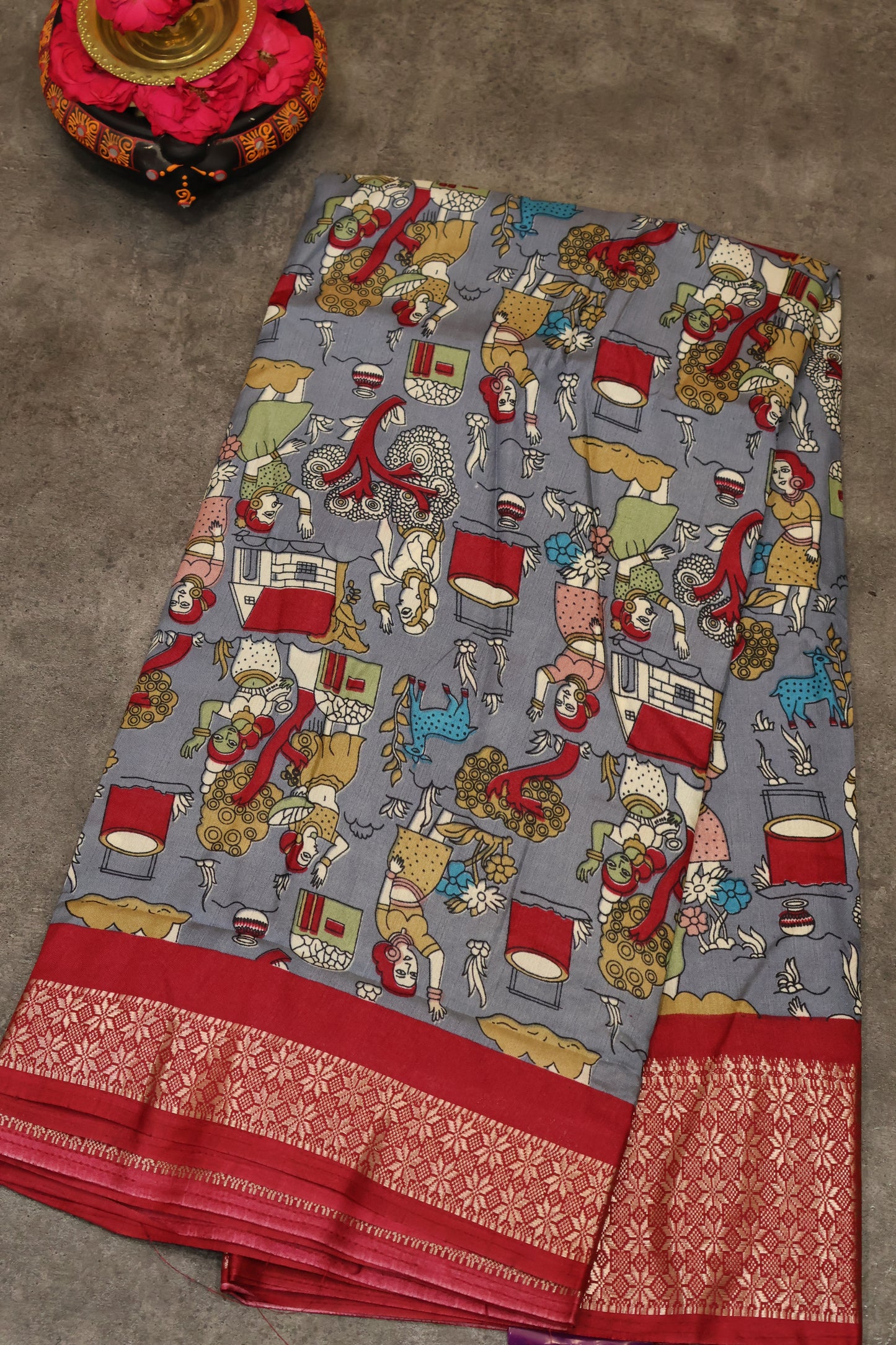 Dola Silk Saree Folk Art Print-Greyish Blue