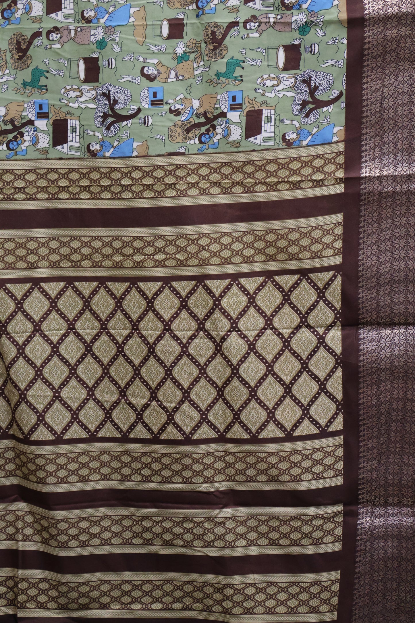 Dola Silk Saree Folk Art Print-Green