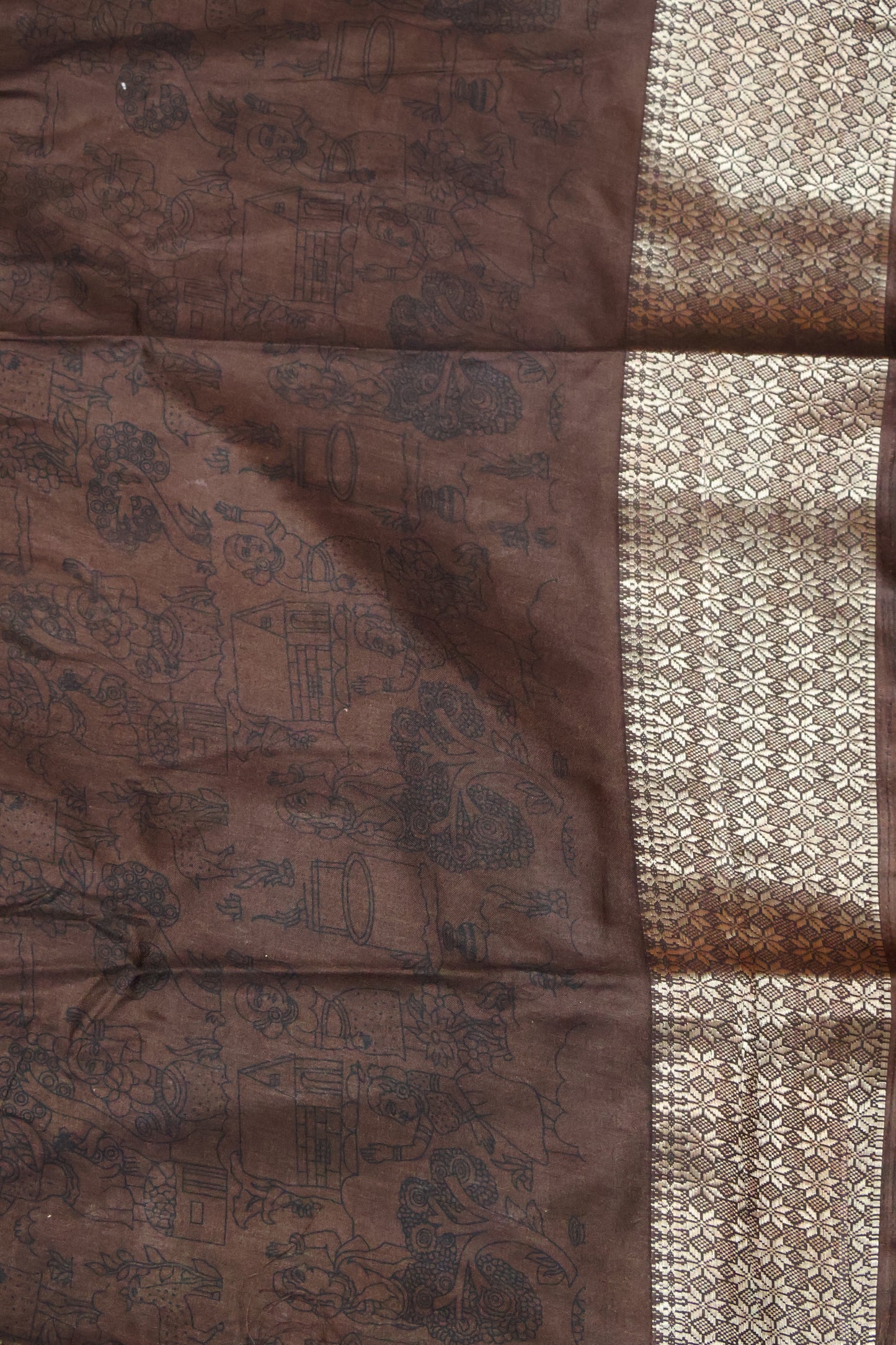 Dola Silk Saree Folk Art Print-Green