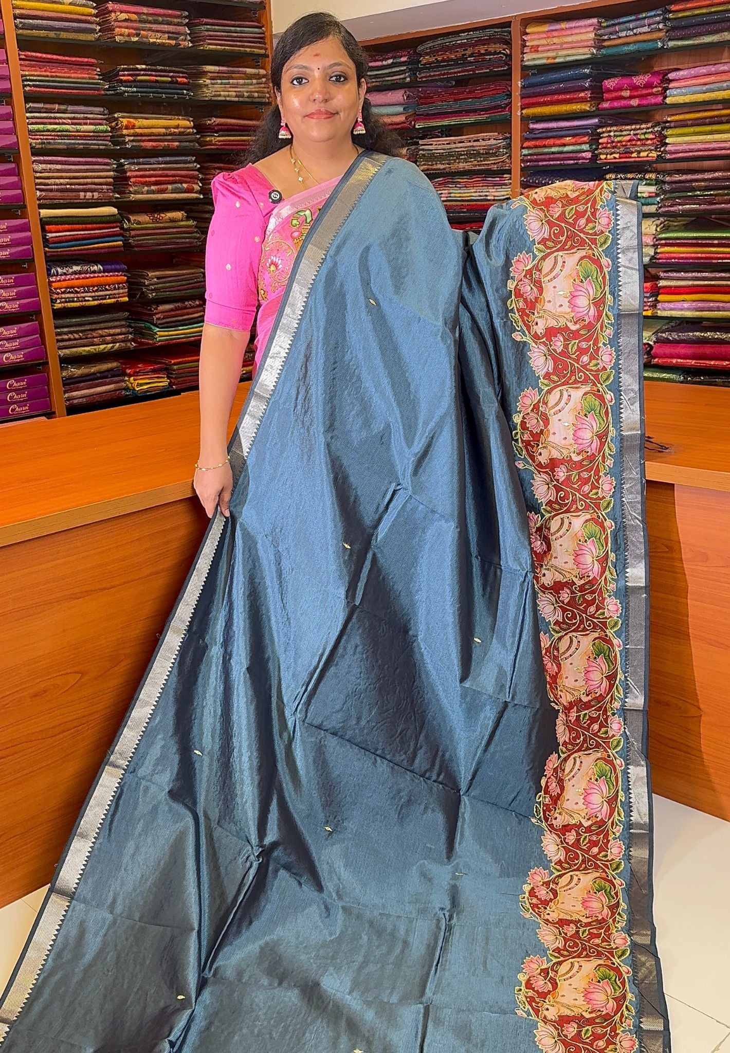 Pure Mangalgiri Silk Saree-Metalic Blue with Appliqué Work