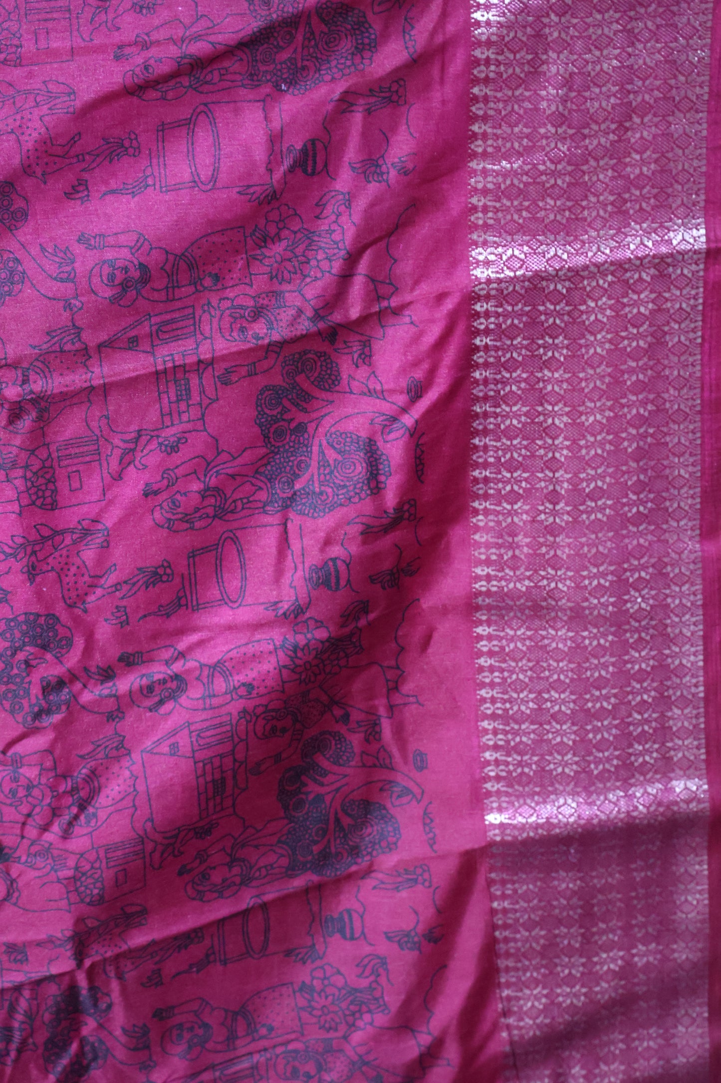 Dola Silk Saree Folk Art Print-Blue