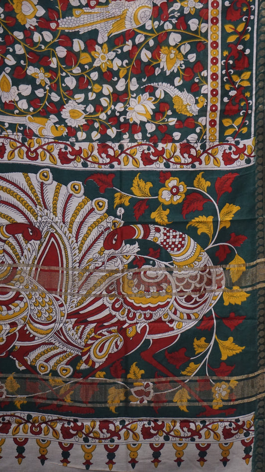 Semi Linen Kalamkari Saree Green