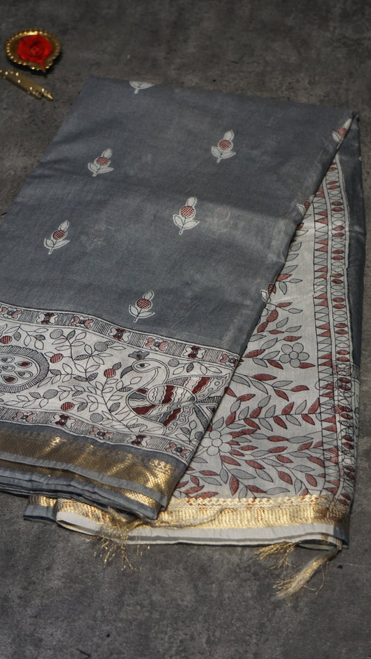 Semi Linen Grey Saree With Madhubani Print