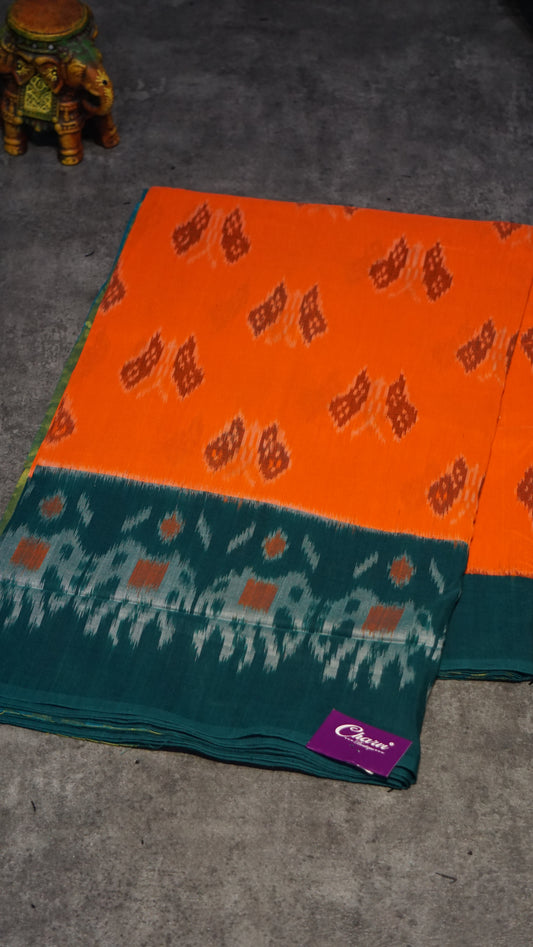 Pochampally Cotton double Ikkat Saree Orange - Green