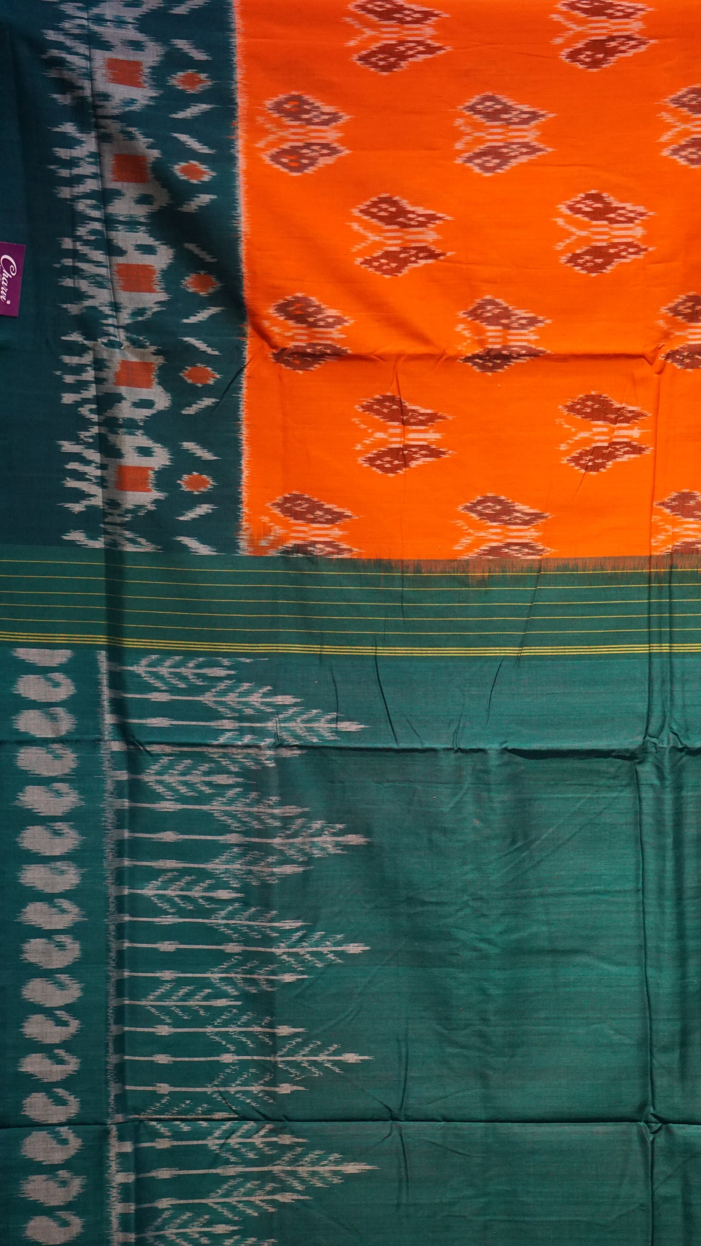 Pochampally Cotton double Ikkat Saree Orange - Green