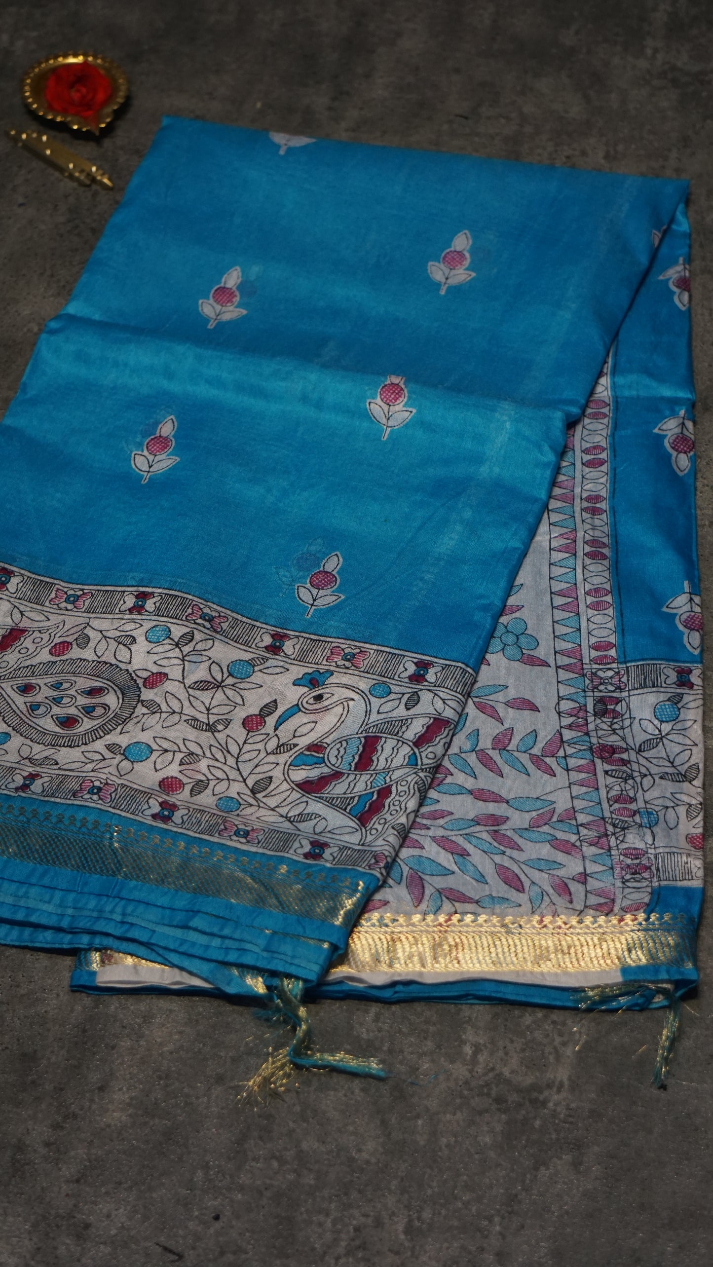Semi Linen Blue Saree With Madhubani Print