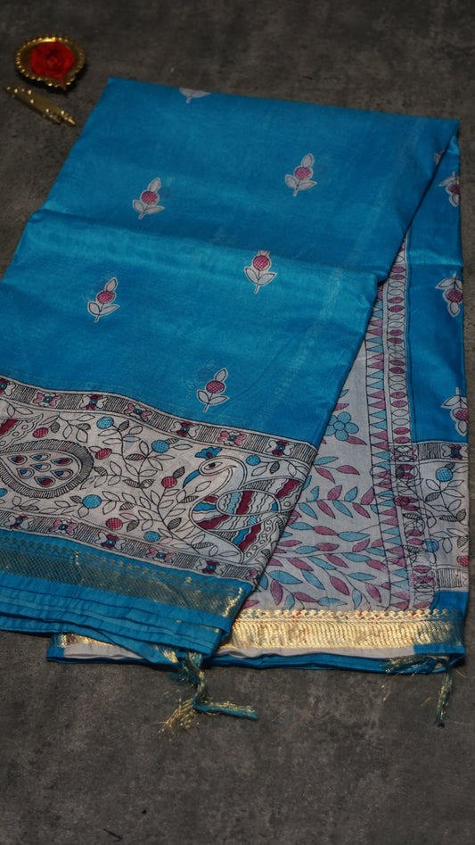Semi Linen Blue Saree With Madhubani Print