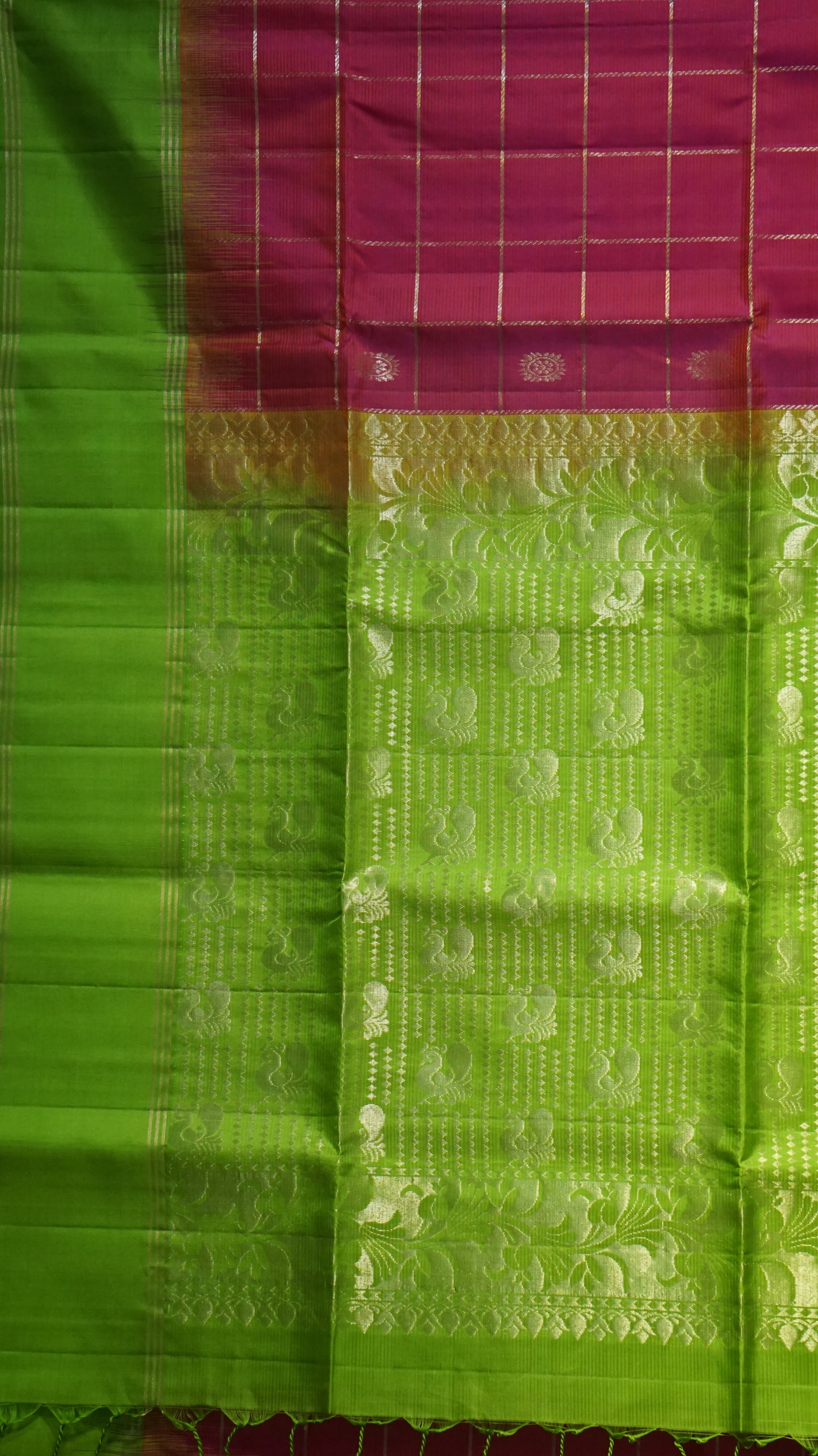 Soft Silk Saree Long Border Checks Green - Pink