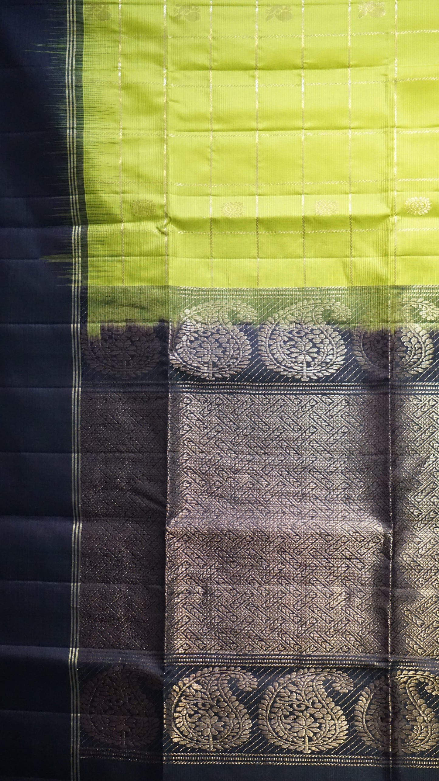 Soft Silk Saree Long Border Checks Light Green - Brown