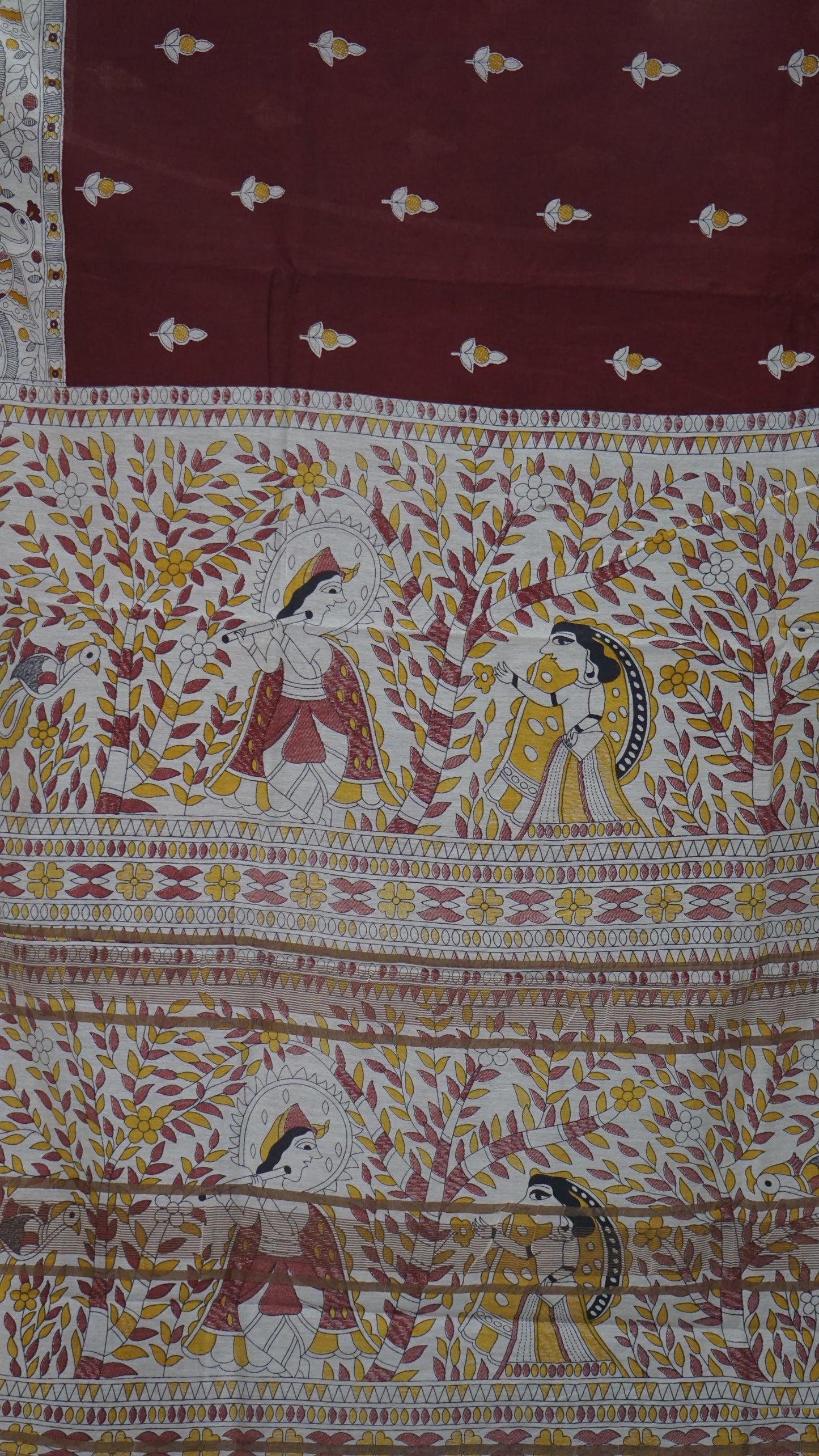 Semi Linen Maroon Saree With Madhubani Print