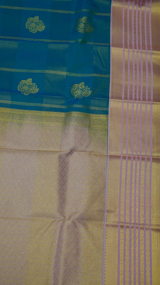 Semi Kanjivaram Silk Saree -Checkered pattern Greenish Blue