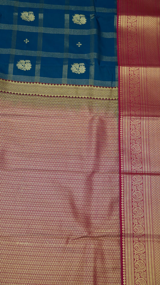 Semi Kanjivaram Silk Saree -Checkered pattern Peacock Blue