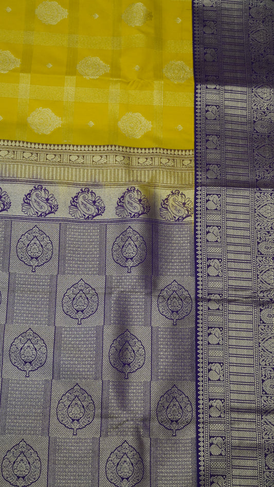 Semi Kanjivaram Silk Saree -Checkered pattern Yellow